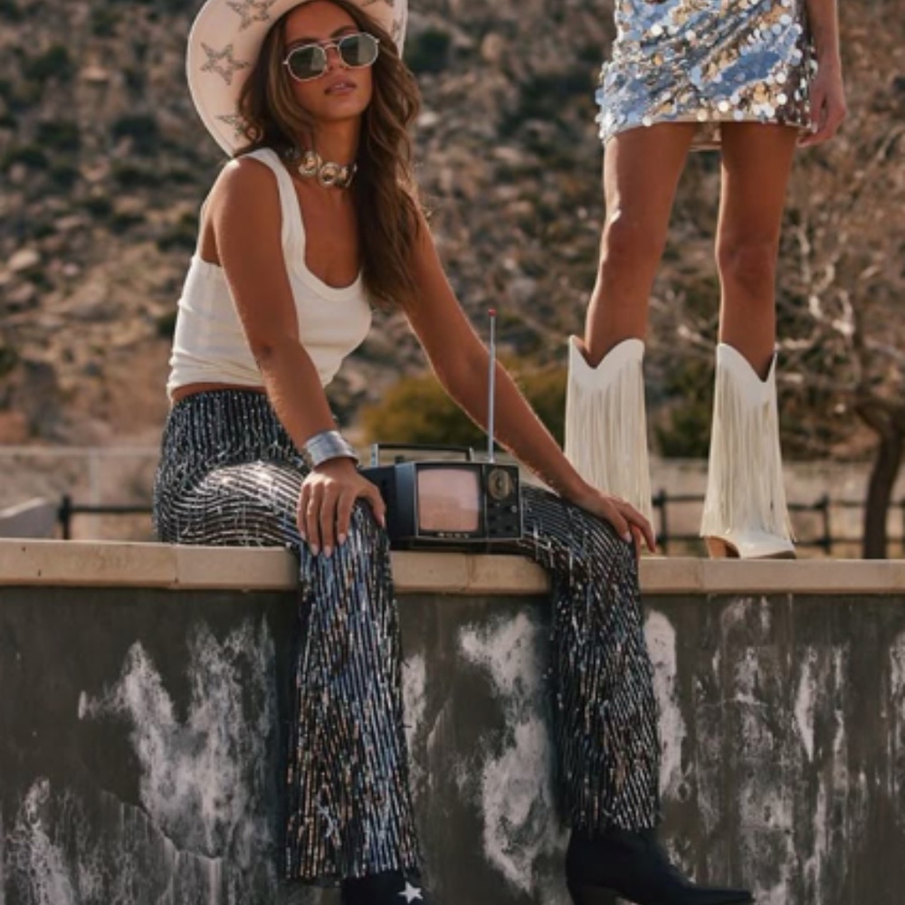 Vega Black Fringe Sequin Pants XS